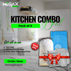 Kitchen Combo Deal Pack Of 3 | 1 Roti Mat, 100 PCS Plastic Wrap, 5 PCS Wire Rags