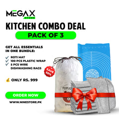Kitchen Combo Deal Pack Of 3 | 1 Roti Mat, 100 PCS Plastic Wrap, 5 PCS Wire Rags
