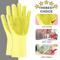 Magic Reusable Silicone Gloves with Scrubber — Heat Resistant, Reusable Dishwashing Gloves سکربر کے ساتھ جادوئی دوبارہ قابل استعمال سلیکون دستانے - حرارت سے بچنے والے، دوبارہ قابل استعمال ڈش واشنگ دستانے